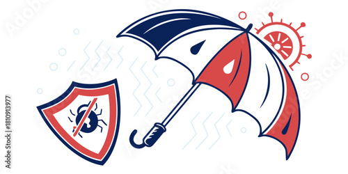 Flat vector illustration showing umbrella protecting laptop with lock and warning shield, symbolizing cybercrime risks, data breach alerts and online security for tech banners, apps and infographics.