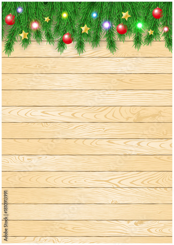 クリスマスのもみの木と木板背景イルミネーション飾りのフレーム