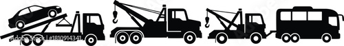 Tow truck and car recovery silhouettes vector set with transportation vehicles