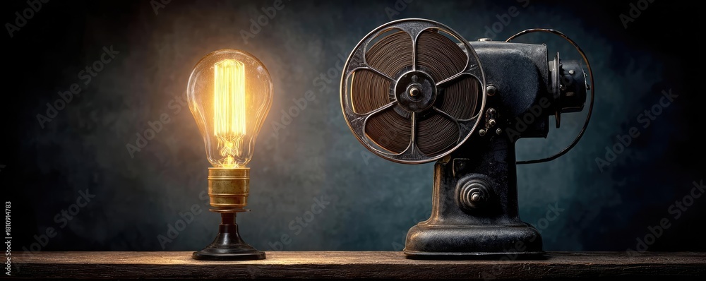 Obraz premium Old cinema projector operating with film concept. A vintage lamp and projector creating a nostalgic atmosphere.