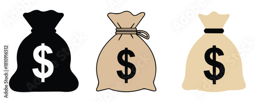 Minimal dollar bag silhouette icon set. Clean money sack symbols for finance, banking, and business design use.