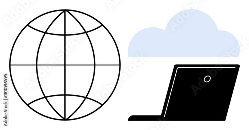 Globe with grid lines, a cloud, and a tilted laptop emphasizing online access, global reach, and cloud computing. Ideal for communication, technology, data sharing, innovation remote work IT
