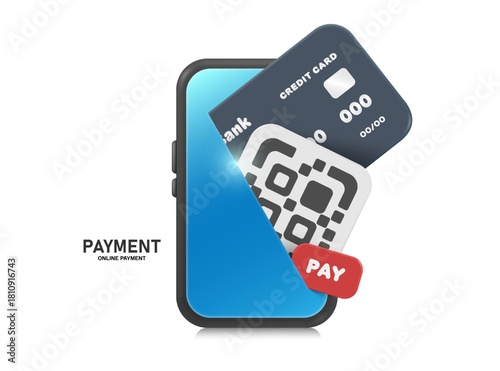 Black credit card or ATM card, pay button, QR code all pop up and display on smartphone or mobile phone screen for designing transfer or scanning to pay for service via application, vector 3d isolated