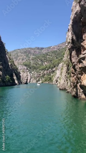 View of the lake with green water and on the mountain cliffs of the Green Canyon. Manavgat, Antalya, Turkey