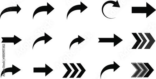 Black arrow vector icons set, collection of web design elements, flat style navigation symbols for app user interface, technology, movement, progress, and directional signposts.