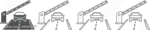 Vector collection of car toll booth icons, parking lot barriers, and automatic gate symbols for transportation.
