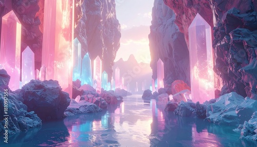 A serene and mystical landscape with crystalline structures and a reflective body of water