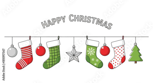 Happy christmas with colorful christmas stockings and hanging ornaments.
