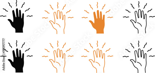 Vector set of hand icons with radiating lines, arthritis pain symbols, and clean hygiene signs.