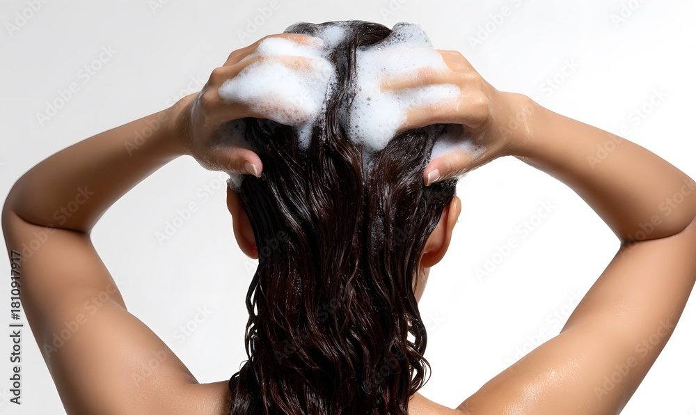 Naklejka premium luxury beauty haircare advertisement, back view of an American woman washing her hair, extremely rich and dense shampoo foam covering wet dark hair