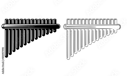 Pan Flute Musical Instrument Icon Set, Black Solid Silhouette and Outline Stroke Drawing, Pan Pipes or Syrinx, Traditional Wind Instrument, Folk Music, Sound and Melody Symbol.