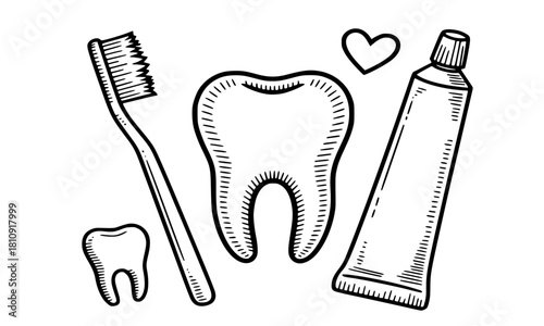 Dental Hygiene Set Engraving Illustration, Hand Drawn Outline Art, Toothbrush, Toothpaste Tube, and Healthy Teeth, Oral Care, Dentistry and Medical Equipment, Vector Design.