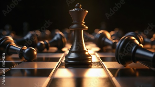 A dramatic chess scene featuring a black king surrounded by fallen pawns, illuminated by soft lighting, symbolizing strategy and competition.