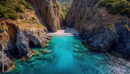 Coastal scenery with a secluded beach and turquoise water.