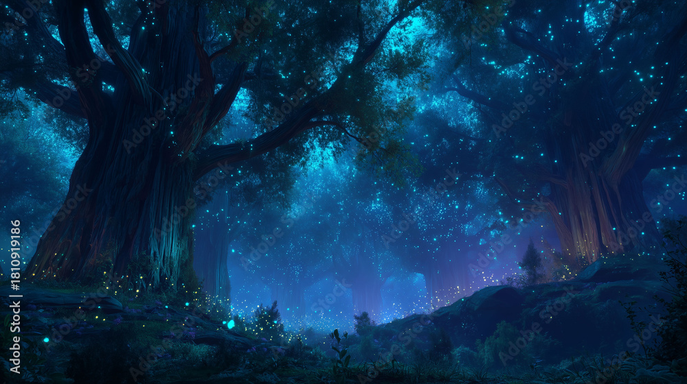 Obraz premium Mystical Ancient Grove Under Blue Light