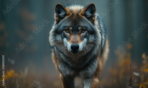 Close-up of a powerful grey wolf with piercing yellow eyes in the forest