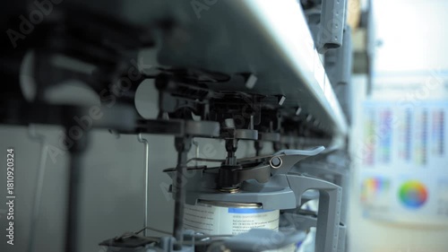 Close-up view of an industrial paint mixing machine. Mechanical arms and nozzles dispense and blend paint inside a container, showing automated mixing process.