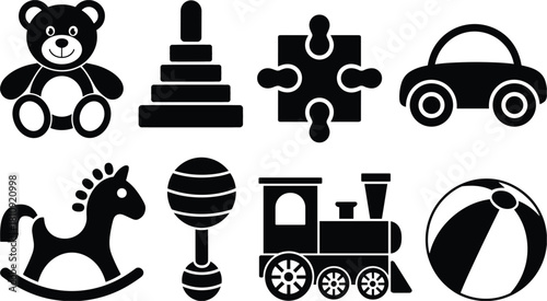 Black Silhouette Collection of Classic Children's Toys on White Background Keywords: toy, toys