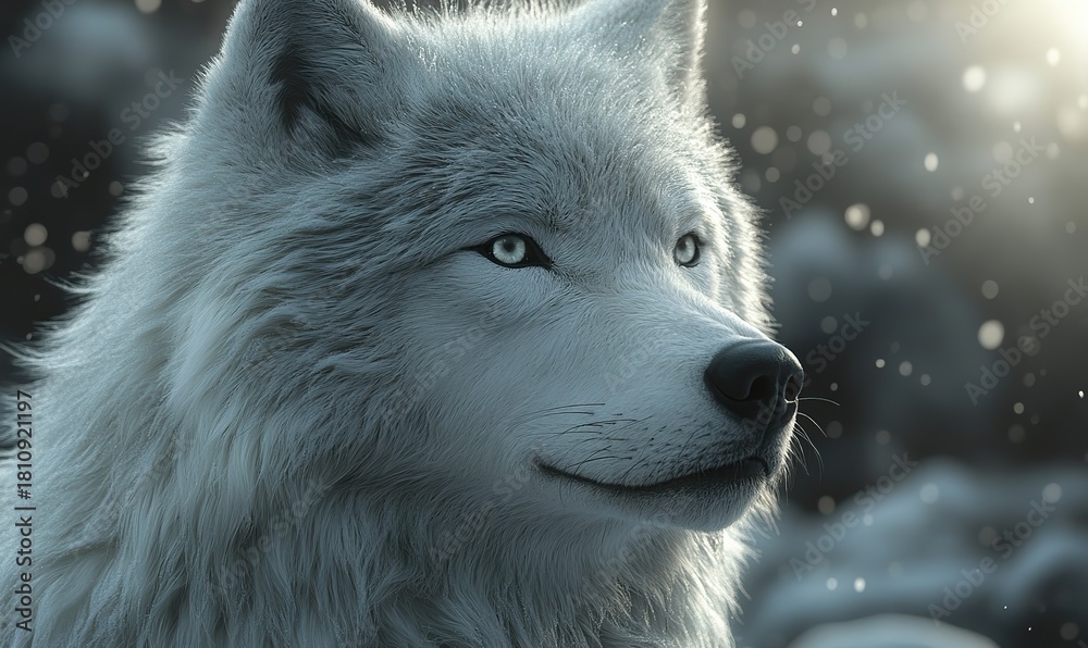 Obraz premium Arctic wolf close-up portrait with piercing blue eyes amidst falling snow