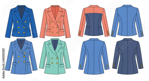 Fashionable blazer designs in various colors and styles a technical illustration