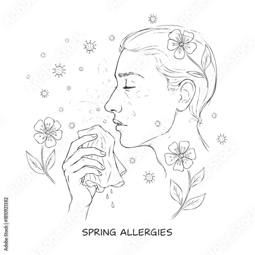 A woman with a tissue in her hand and flowers in the background. Spring allergies. Spring allergies are a common problem for many people during the spring season