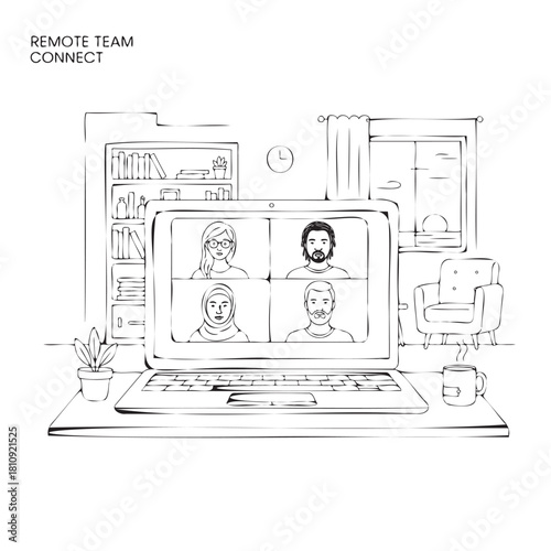 A drawing of a remote team connecting. A laptop with four people on the screen, and a clock on the wall. The room has a couch and a potted plant. Scene is friendly and collaborative
