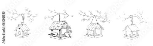 Four birdhouses are shown in a row, each with a different design. The houses are all black and appear to be made of wood. The birds in the houses are not visible