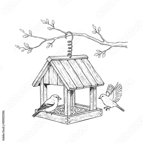 A birdhouse with two birds perched on it, enjoying their meal. The feeder is designed to attract birds and provide them with food