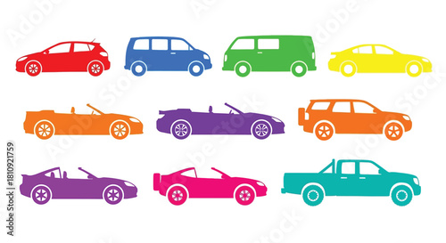 Colorful silhouettes of various vehicle types arranged in a grid pattern