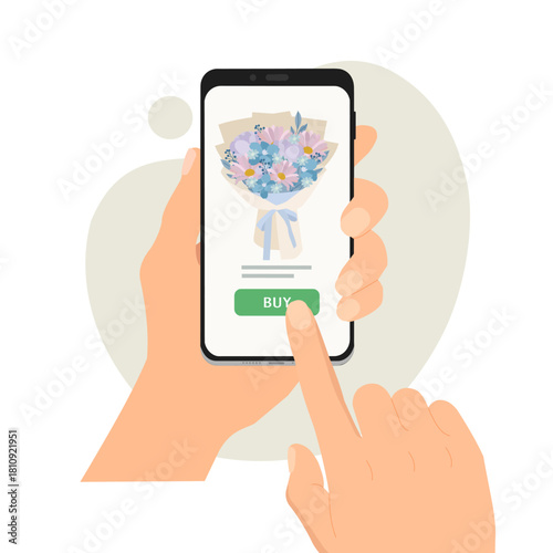 hand holding smartphone with application of online flower delivery. The concept of online flower shopping 
