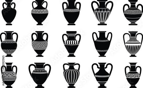 Black silhouettes of ancient Greek amphorae with decorative patterns Keywords: amphora, vase