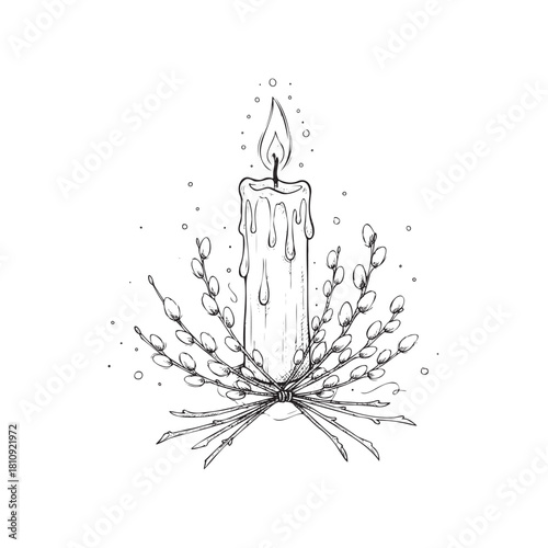 A candle is lit in a drawing of a candle with a wick. The candle is surrounded by branches and leaves, giving it a natural and calming appearance. The drawing conveys a sense of warmth and tranquility