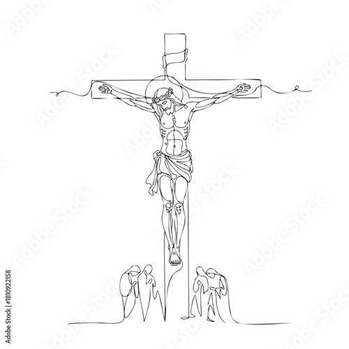 A man is crucified on a cross with two men kneeling behind him. Concept of sacrifice and redemption