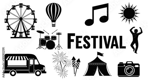 Festival icon set in black and white vector illustration of music food and entertainment elements for event design