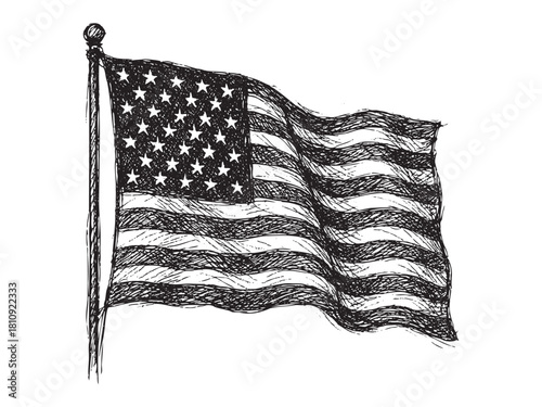 A black and white drawing of the American flag. The flag is drawn in a very stylized way, with the stars and stripes drawn in a very thick, bold line. The flag is also drawn with a lot of detail