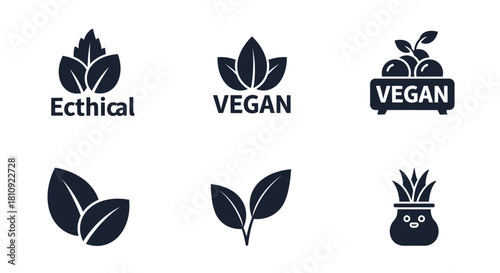 Set of vegan and ethical product icons simple flat vector design elements for packaging isolated on white background