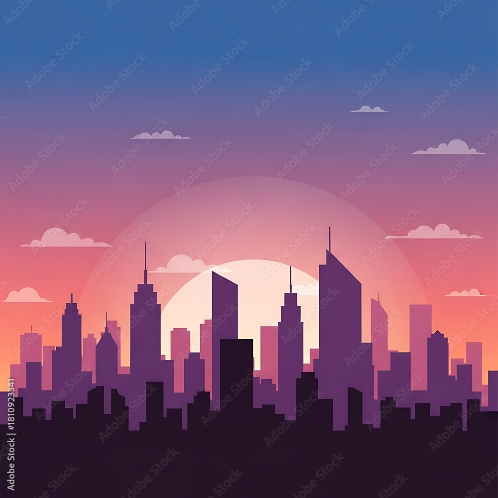 Fototapeta premium Stunning flat vector art of a minimalist city skyline at sunset or sunrise, featuring dark building silhouettes against a colorful gradient sky. Ideal for urban themes.