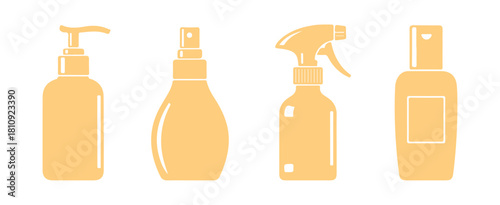 Collection of beauty cosmetic bottle icons in single color on a white surface

