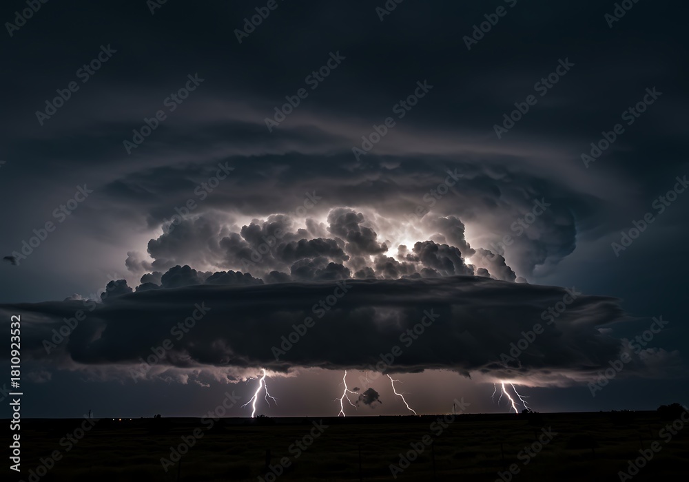 Fototapeta premium Dramatic storm clouds with lightning bolts across a dark sky