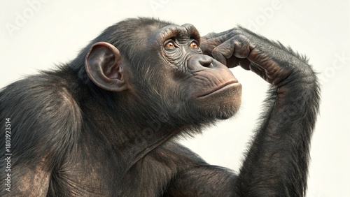 Pensive chimpanzee deep in thought strikes a pose against a neutral background