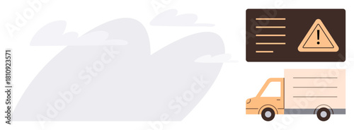 Delivery truck next to warning icon with alert text panel. Ideal for logistics, transportation, safety, hazard awareness, cargo shipment, fleet management, simple flat metaphor