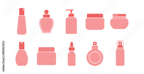 pink cosmetic bottle icons for beauty products on a white surface

