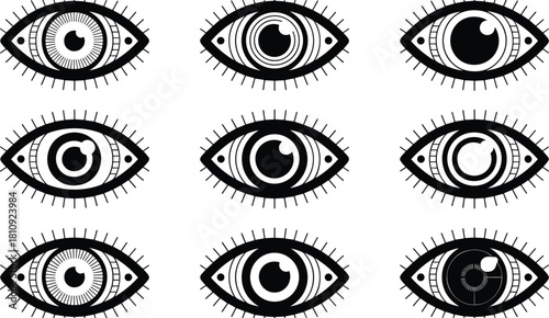 Collection of Nine Stylized Eye Icons in Black and White vision sight