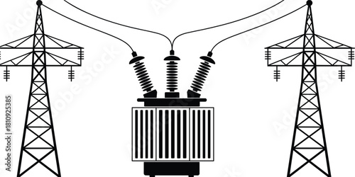 Electrical Transformer Connected to Power Line Towers vector illustration
