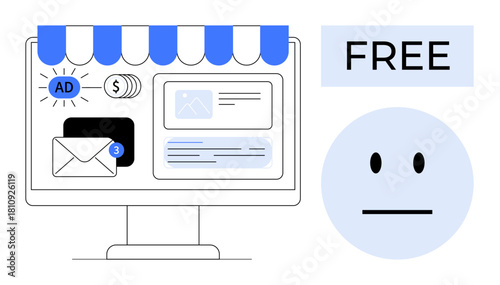 Desktop screen with storefront, ads, email notification, digital currency, and free content icon. Ideal for marketing, ecommerce, advertising, subscription models online communication promotions