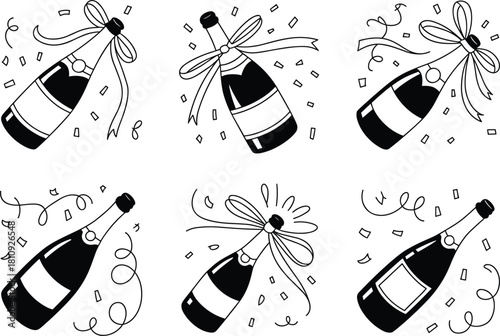 Hand Drawn Champagne Bottles with Ribbons and Confetti celebration party