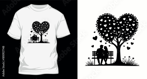 Couple sitting on bench under tree with heart shaped leaves
