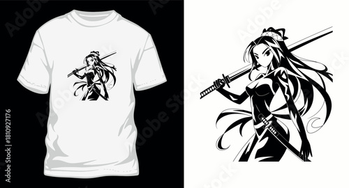 Female samurai manga girl with katana sword for t-shirt design