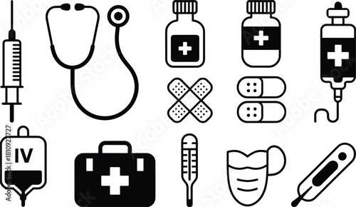 Medical Icons Set with Syringe Stethoscope and IV Bag healthcare medicine