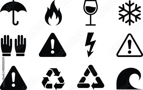 Set of 12 black shipping and warning icons on white Keywords: umbrella, rain protection, fire